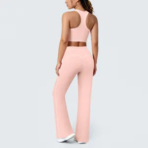 Ensemble soutiens-gorge de sport rose et pantalon de yoga évasé pour femmes fitness