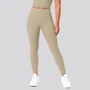 Detail view of high waist khaki seamless yoga leggings, premium stretch fitness activewear.