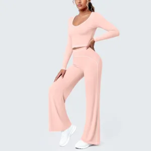 Rosa langarm Crop Top Schlaghose Yoga Set Fitness Sportbekleidung bequemes Stretch Outfit
