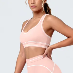 Roze sport-bh met contrasterende bies, ademende fitness yoga gym sporttop voor dames.