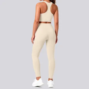 Back view of beige activewear set, racerback sports bra and high waist leggings for gym.