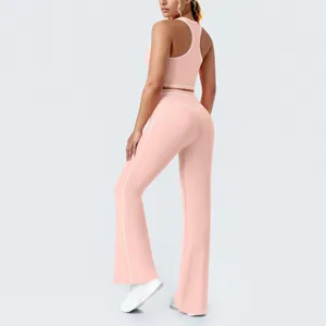 Rose contraste lignes sport soutien-gorge évasé pantalon yoga détail fitness gym activewear