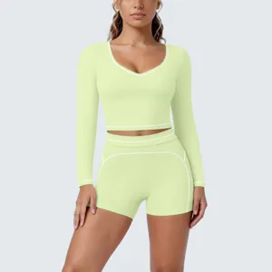 Women's Long Sleeve Crop Top Shorts Yoga Set Athletic Gym Fitness Sportswear Activewear