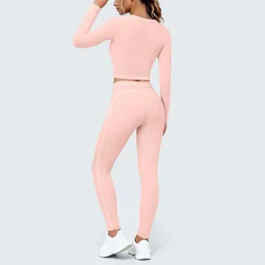 Pink long sleeve yoga set activewear seamless fitness gym crop top and leggings