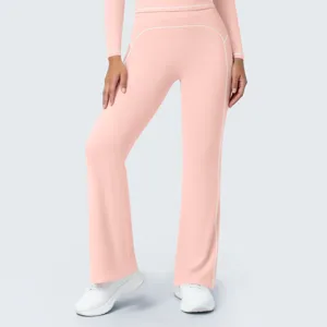 Pink high waist flare yoga pants with white contrast piping for workout, running and fitness.