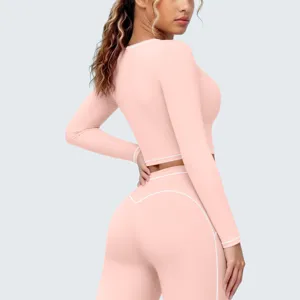 Damen Langarm Sportbekleidung Set rosa Crop Top hohe Taille Fitness Yoga Leggings Anzug