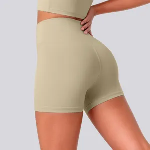High-waisted athletic yoga shorts detailed view, breathable naked-feel stretchy fitness wear.