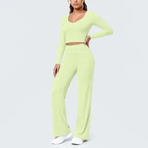 Grünes Langarm Crop Top und weite Hosen Yoga Set Activewear Fitness Sportbekleidung