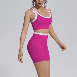 Pink white colorblock yoga set women sports bra high waist fitness shorts gym activewear