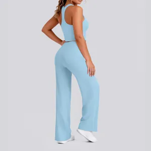 Einfarbiges Nylon Racerback Yoga Set mit Crop Top und langer Hose für Fitnesstraining.