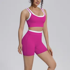 Close-up detail of the color-block naked feeling activewear active sports bra and shorts.