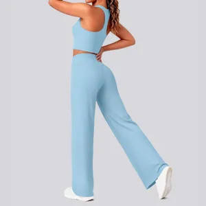 Hellblaues Racerback Sport-BH und weite Yoga-Hosen Set Fitness Trainingsanzug Damen