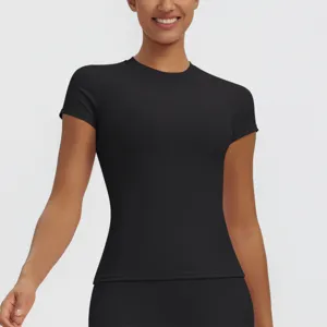 Detailed view of women's black slim fit short sleeve sports t-shirt, breathable fabric design.