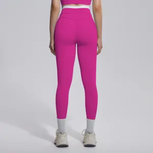 Vue détaillée dos pantalon yoga taille haute taille contraste legging fitness sport femme.