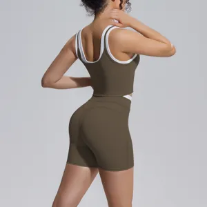 Women contrast color yoga set athletic crop tank top and high waist fitness shorts activewear