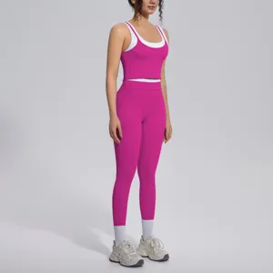 Contrast ribbed yoga tank top and high waist leggings fitness activewear two piece set.