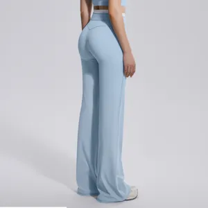 Pantalon de yoga évasé taille haute pour femme, pantalon de fitness bleu clair fausse deux.
