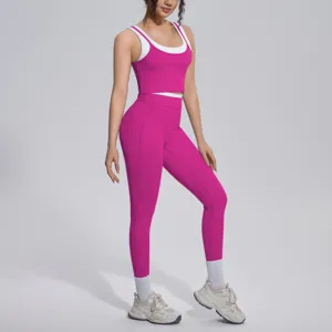 Detail view of the contrast ribbed activewear set with layered yoga tank top and high stretch leggings.