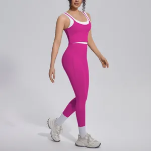 Pink contrast ribbed activewear set, breathable high-elasticity yoga top and leggings.