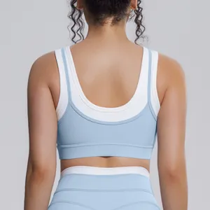 Femme faux deux pieces soutien-gorge de sport côtelé bloc de couleur haut de yoga fitness