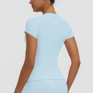 Light blue short sleeve yoga top for women, slim fit running fitness sports activewear.