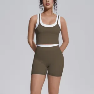 Women sport yoga outfit two piece set colorblock long tank top and tight fitness shorts workout