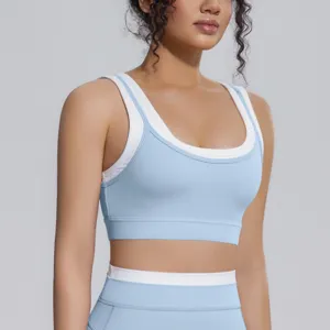 Soutien-gorge de sport faux deux pièces pour femme, haut de yoga côtelé pour le fitness.