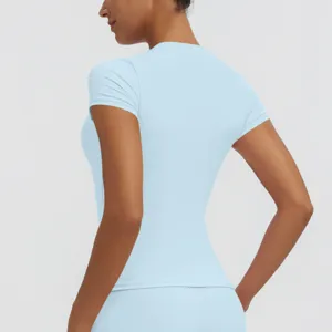 Women light blue short sleeve fitness yoga t-shirt detail view breathable sportswear top.