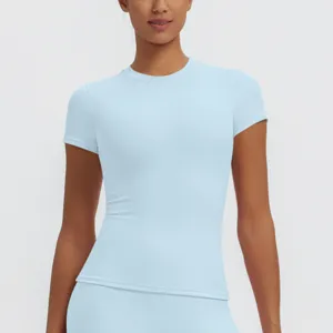 Light blue short sleeve fitness yoga top, slim fit design for women outdoor running sports.