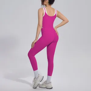 Back view detail of the vibrant pink yoga activewear set showing the tank and leggings.