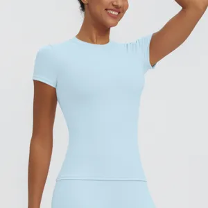 Light blue slim fit short sleeve sports t-shirt detail, quick dry yoga fitness top women.