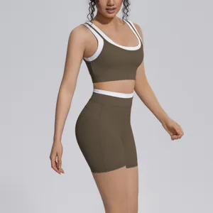 Color-block contrast nylon sports bra and high-waisted shorts yoga set for gym fitness.