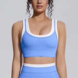 Soutien-gorge de sport faux deux pièces femme côtelé contraste yoga crop top fitness course