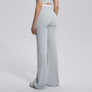 Pantalon de yoga évasé taille haute pour femmes, legging de fitness sport avec ceinture contrastée.