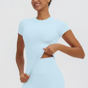 Women's quick dry yoga short sleeve t-shirt running fitness slim athletic workout top light blue