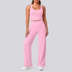 Rosa zweiteiliges Yoga Set mit Crop Top und weiten Hosen für Fitness Laufen Gym Sportbekleidung