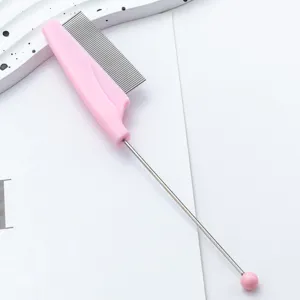 Rosa Haustier Flohkamm mit Edelstahldrahtzinken und langem Nadelgriff für Fellpflege.