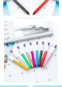 Detail shot of multi-color metal ballpoint pens with convenient click mechanism for study and office.