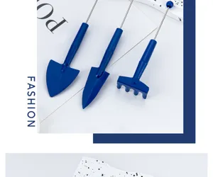 Mini gardening tool set three pieces blue metal shovel rake for succulent potted plants