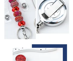 Retractable badge reel detail view featuring red beaded design and shiny glitter sequins for ID card.