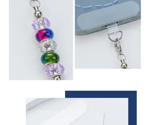 DIY beaded phone charm detail shot, featuring clear crystal beads and transparent tether tab.