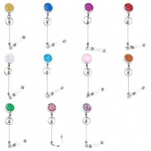Retractable Badge Reel Glitter Sequins ID Badge Holder with Belt Clip Metal Key Ring for Doctor Nurse Office School