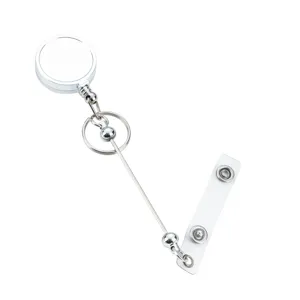 Silver smooth metal retractable badge reel with extension rod for ID cards and DIY crafts.