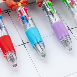 Simpatica penna a sfera multicolore 4 in 1 con fusto trasparente e topper a cartone.