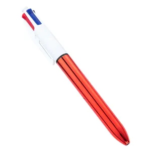 Multi-color click ballpoint pen with metallic red barrel and white upper body for writing.
