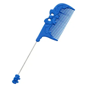 Blue plastic styling comb with bow design and metal pin tail for hair sectioning and styling