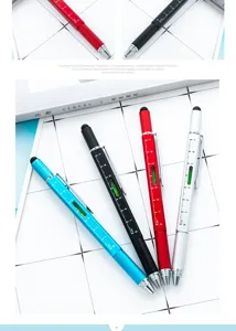 Multifunctional 6-in-1 tool ballpoint pen with ruler spirit level screwdriver and touch tip.