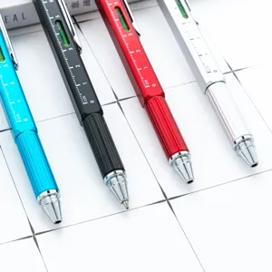 Multifunctional 6-in-1 tool ballpoint pen with built-in level ruler and scale for office gifts.