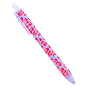 Inklapbare paarse balpen met roze luipaardprint patroon, ideaal voor school en kantoorgebruik.