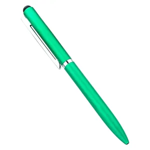 Green metal ballpoint pen with black rubber stylus tip, twist action and silver clip.